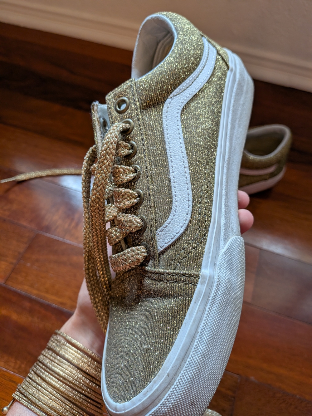 Vans Gold Glitter Low Top Sneakers with White Stripe